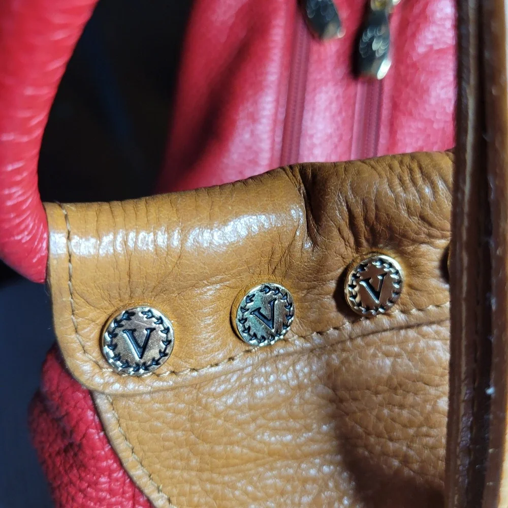 Valentina Red Pebbled Leather Hobo Shoulder Bag Tan Gold Hardware Italian READ